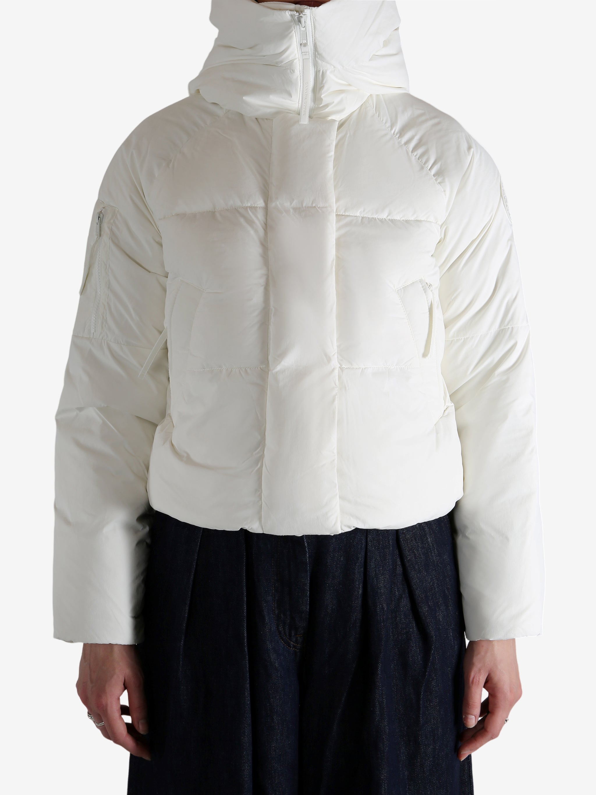 white down jacket，worn by a person, showing the down jacket fit