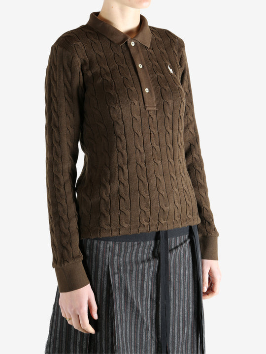 Brown sweater worn by a person, showing the sweater fit