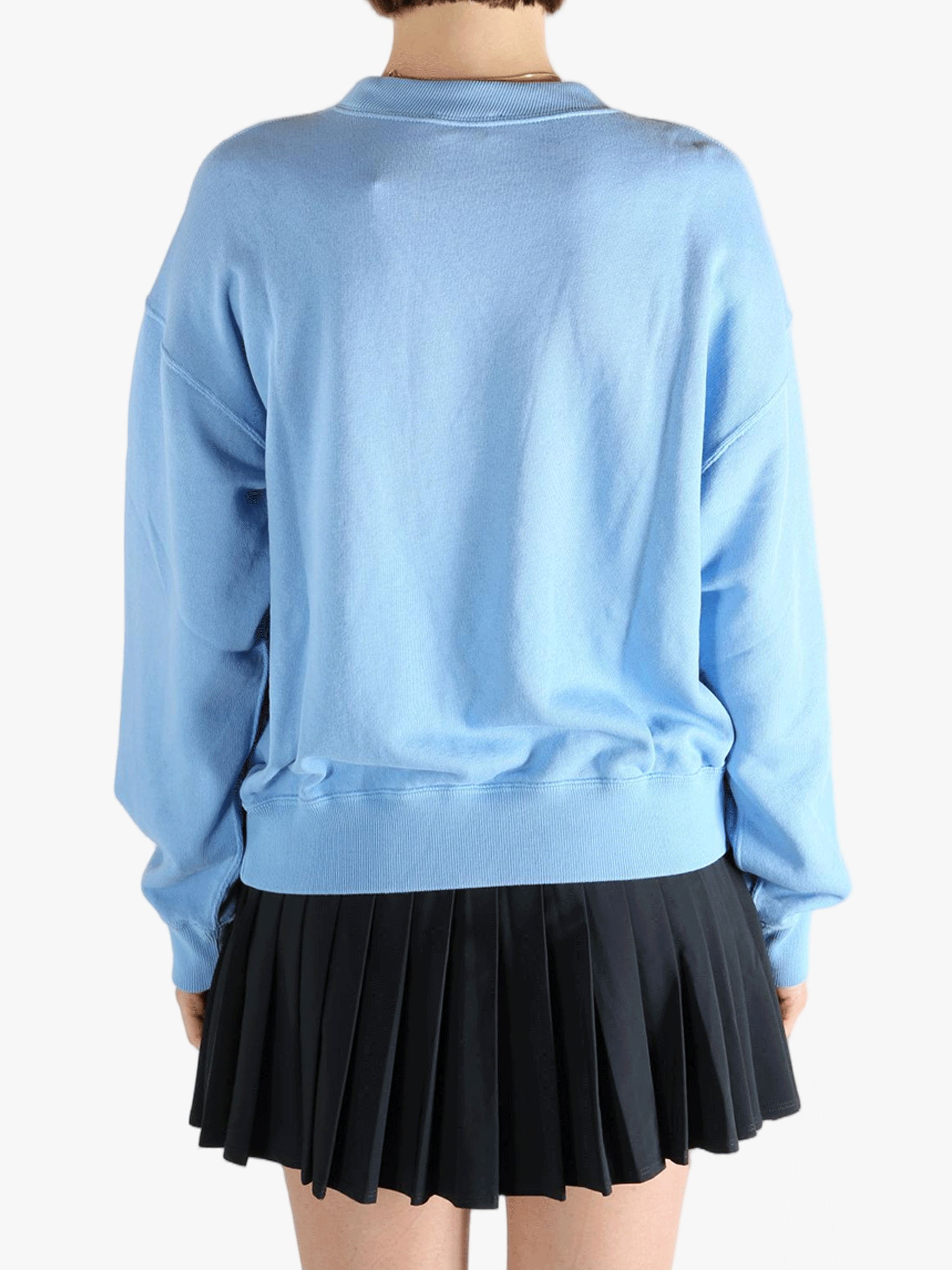 Blue hoodie  worn by a person, showing the hoodie 's fit