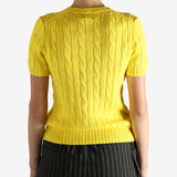 yellow sweater worn by a person, showing the sweater fit
