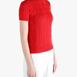 Red knitwear worn by a person, showing knitwear's fit