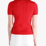 Red knitwear worn by a person, showing knitwear's fit