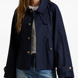 Navy jacket worn by a person, showing the jacket fit