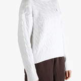 White sweater worn by a person, showing the sweater fit