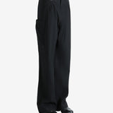 Black pants worn by a person, showing the pants' fit