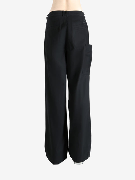 Black pants worn by a person, showing the pants' fit