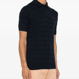 Navy knitwear worn by a person, showing the knitwear fit