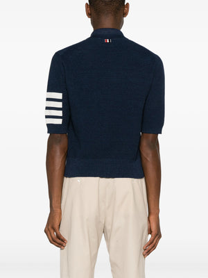 THOM BROWNE Men Textured Stitch Relaxed Fit SS Polo In Linen Cotton Blend W/4 Bar Stripes Intarsia