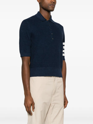 THOM BROWNE Men Textured Stitch Relaxed Fit SS Polo In Linen Cotton Blend W/4 Bar Stripes Intarsia