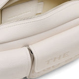 Close up of white bag, showing texture of the leathter fabric