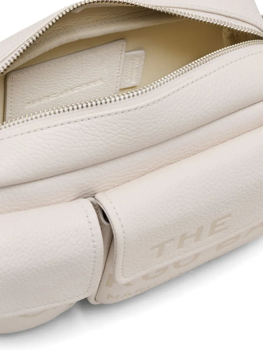 Close up of white bag, showing texture of the leathter fabric
