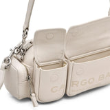 Close up of white bag, showing texture of the leathter fabric