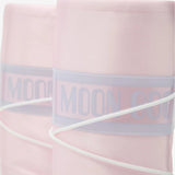 Close up of pink boots, showing texture of the polyester blend fabric