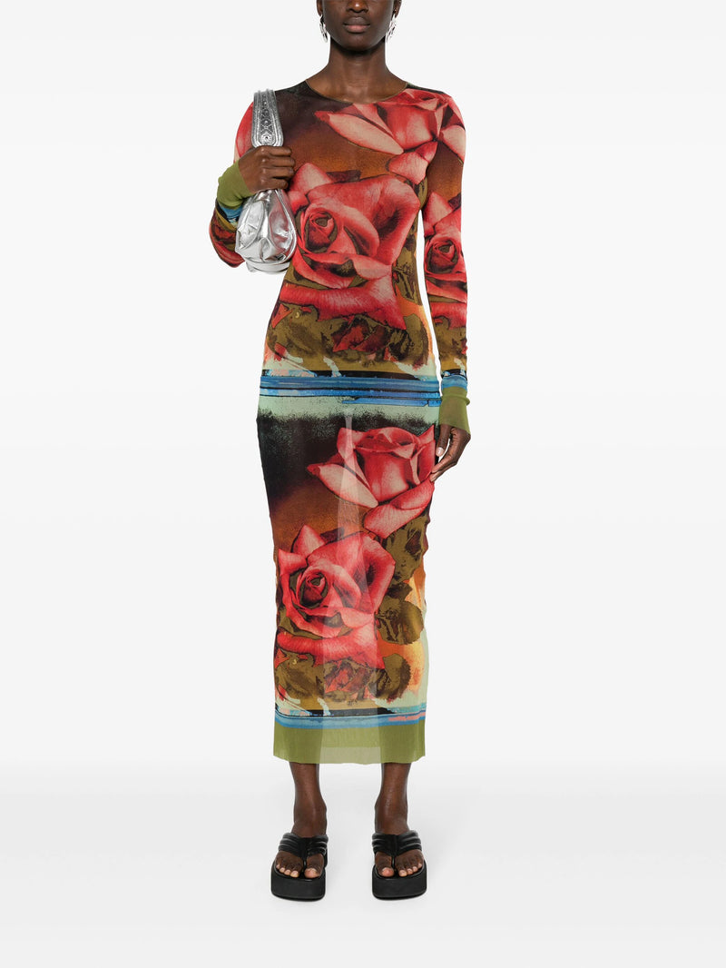 JEAN PAUL GAULTIER Women Printed "Roses" Mesh Long Sleeves Dress