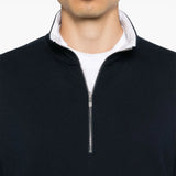 Close up of navy pullover,showing texture of the cotton fabric.