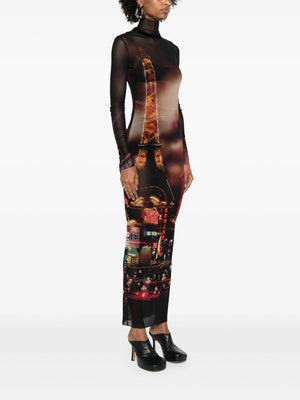 JEAN PAUL GAULTIER Women Printed "Pigalle" Turtleneck Mesh Long Dress