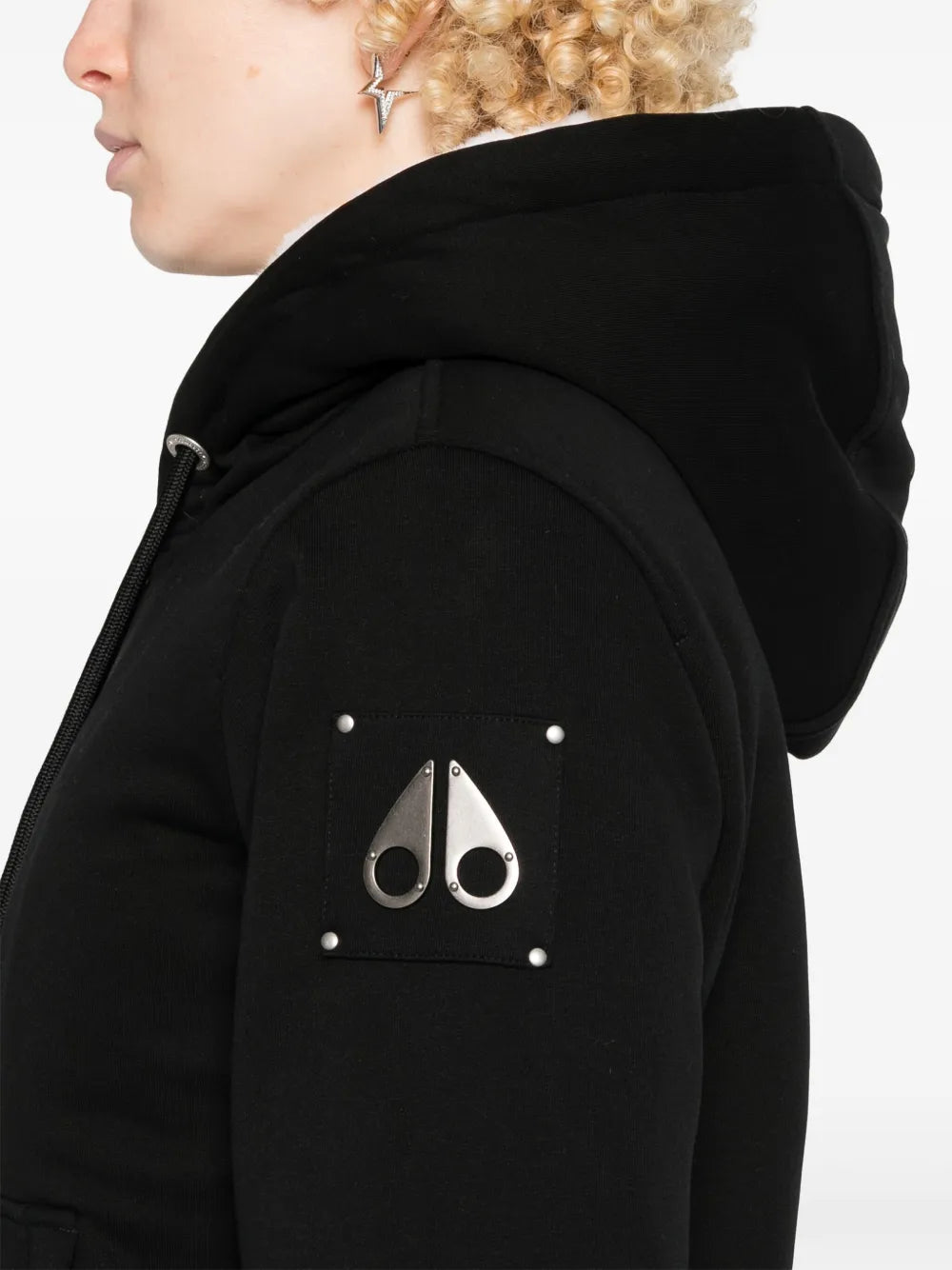 Close up of black coat, showing texture of the cotton fabric