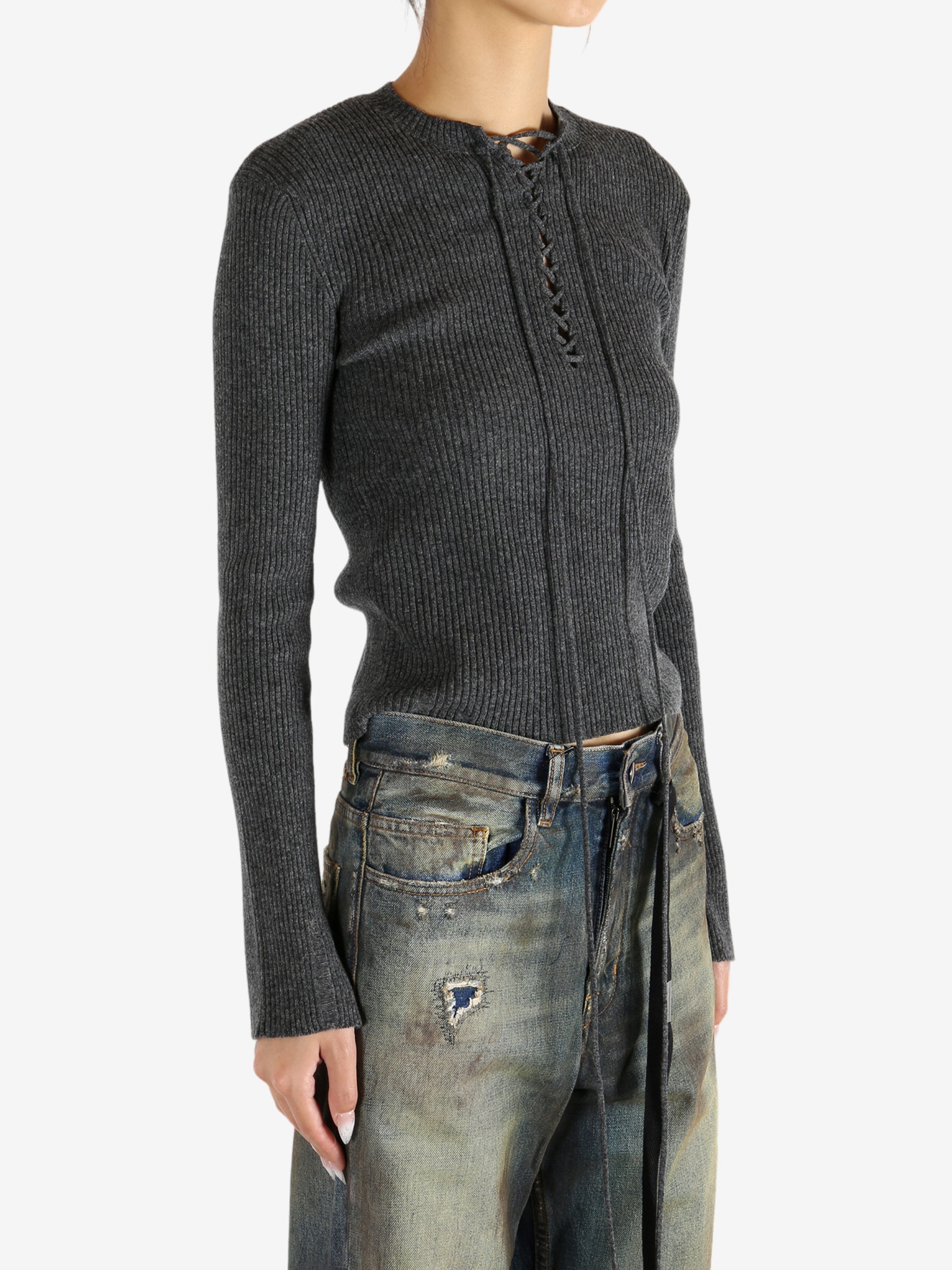 ANN DEMEULEMEESTER - Women Fanja Cropped Laced Up Serafino Sweater