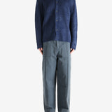 Navy cardigan, full body view