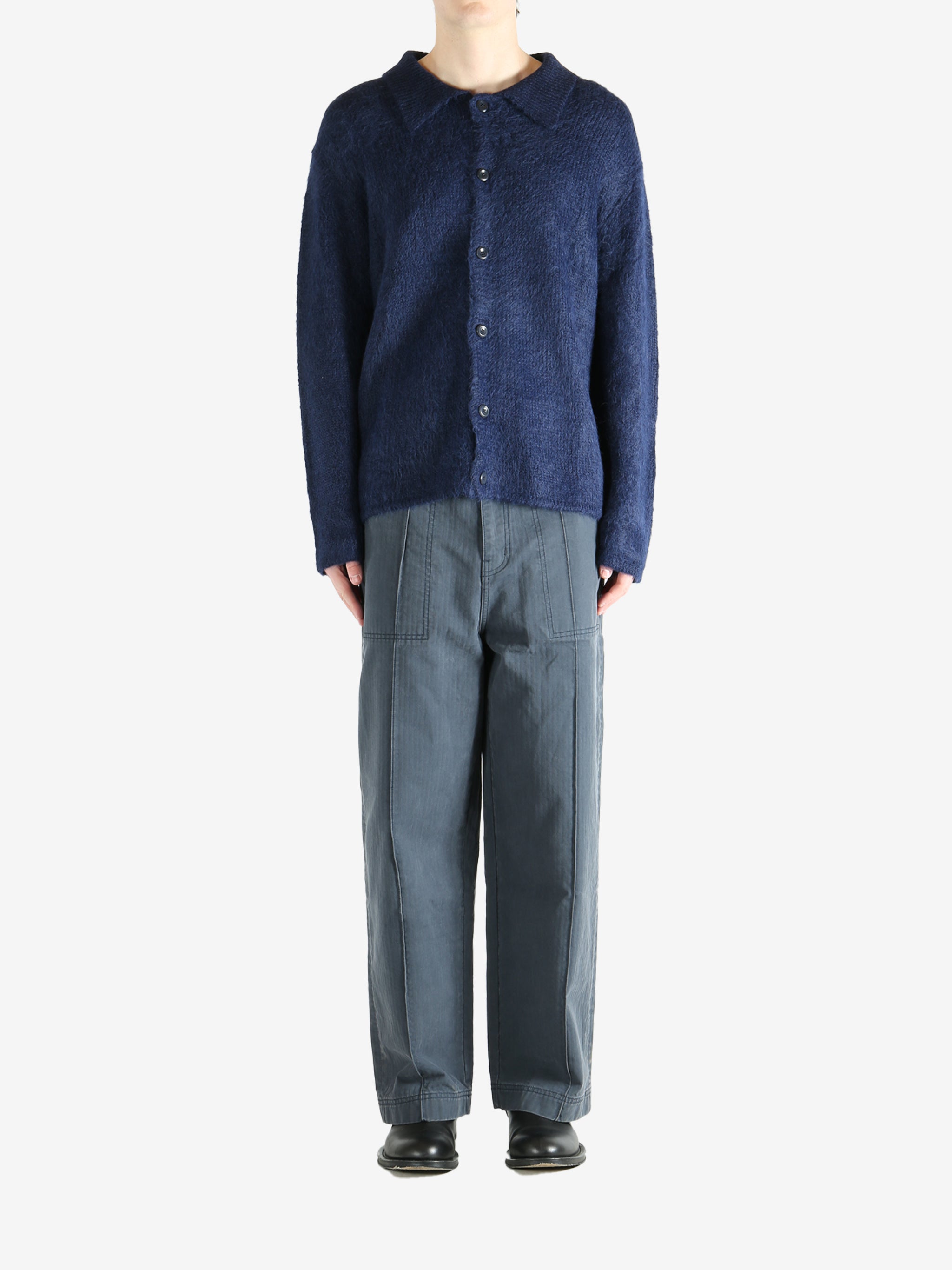 Navy cardigan, full body view