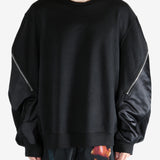 Black sweater worn by a person, showing the sweater's fit