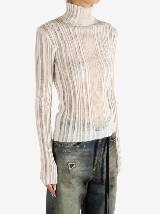 White sweater worn by a person,showing the sweater's fit