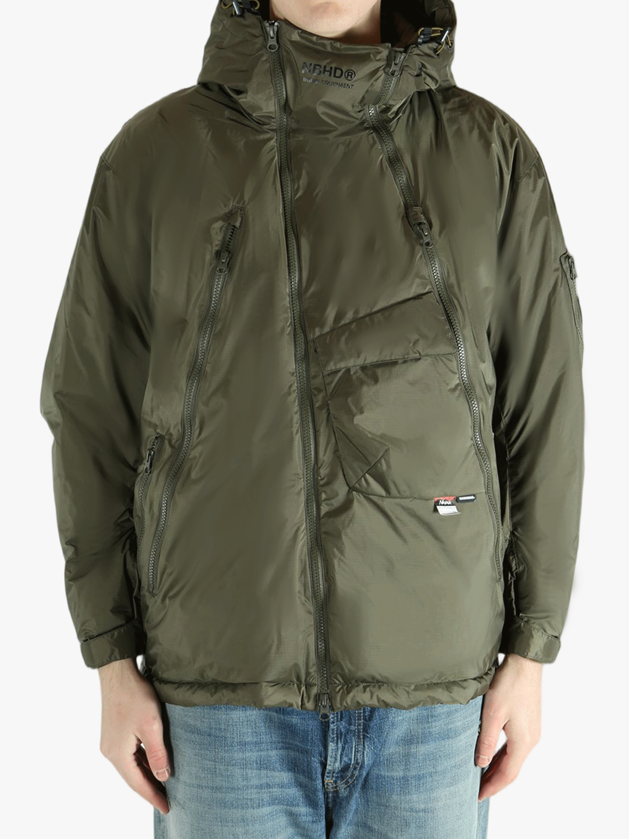 Green jackets-coats worn by a person, showing the jackets-coats fit