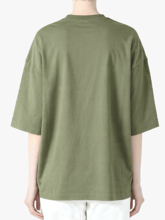 Green t-shirt worn by a person, back view