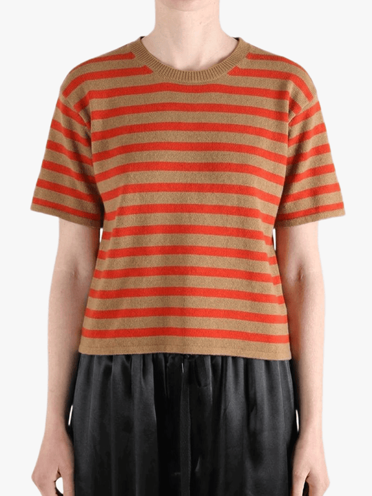 Brown t-shirt worn by a person, showing the t-shirt fit
