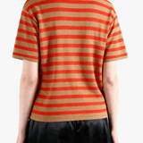 Brown t-shirt worn by a person, back view