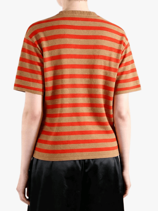 Brown t-shirt worn by a person, back view
