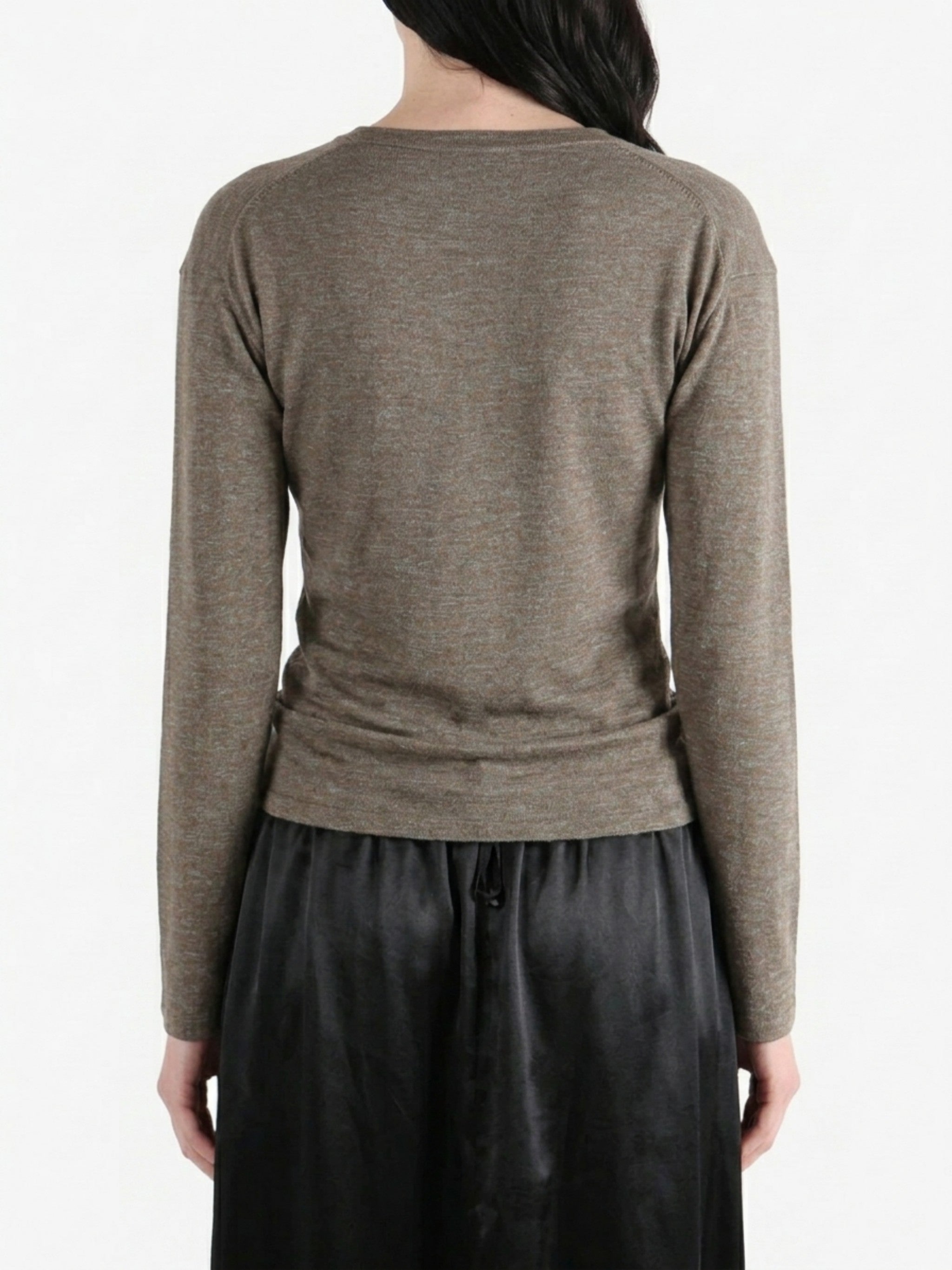 Grey knitwear worn by a person, back view