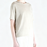 White t-shirt worn by a person, side view