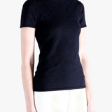 Black t-shirt worn by a person, side view