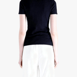 Black t-shirt worn by a person, back view