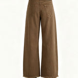 Brown jeans worn by a person, showing the jeans fit