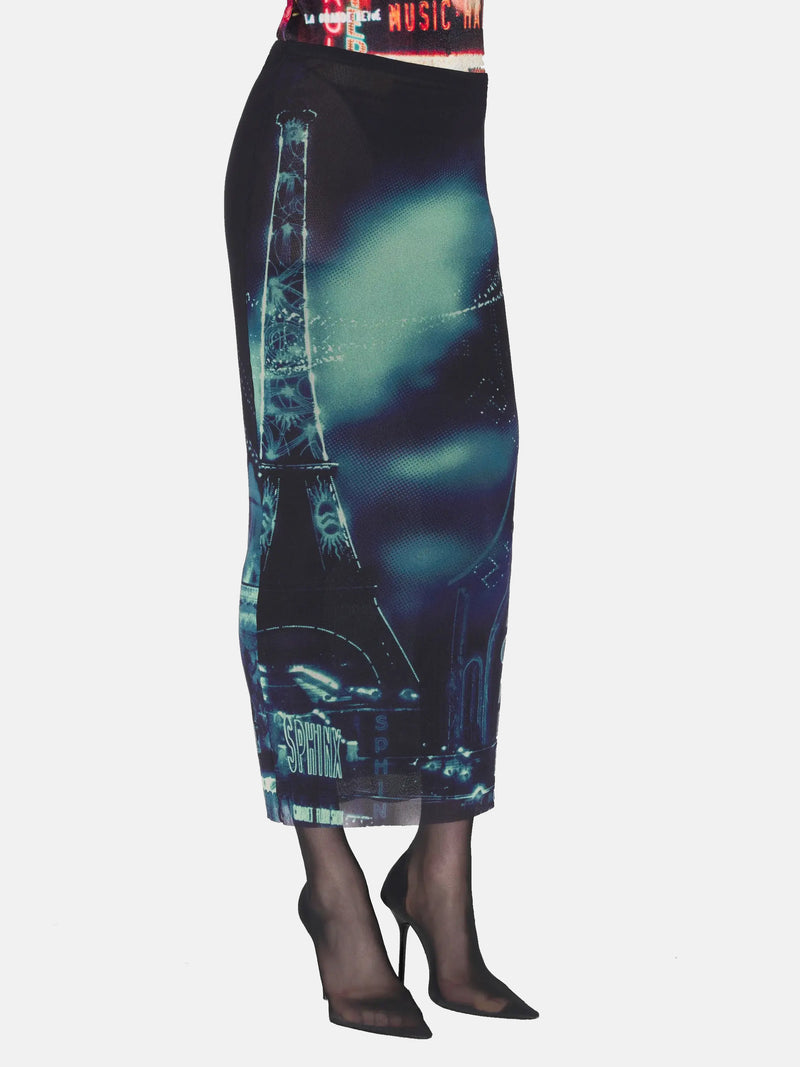 JEAN PAUL GAULTIER - Women Printed "Pigalle" Mesh Long Skirt