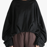 Black sweater worn by a person, showing the sweater's fit