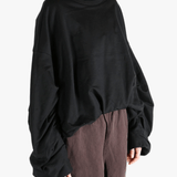 Black sweater worn by a person, showing the sweater's fit