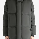 Green jacket worn by a person, showing the coat's fit