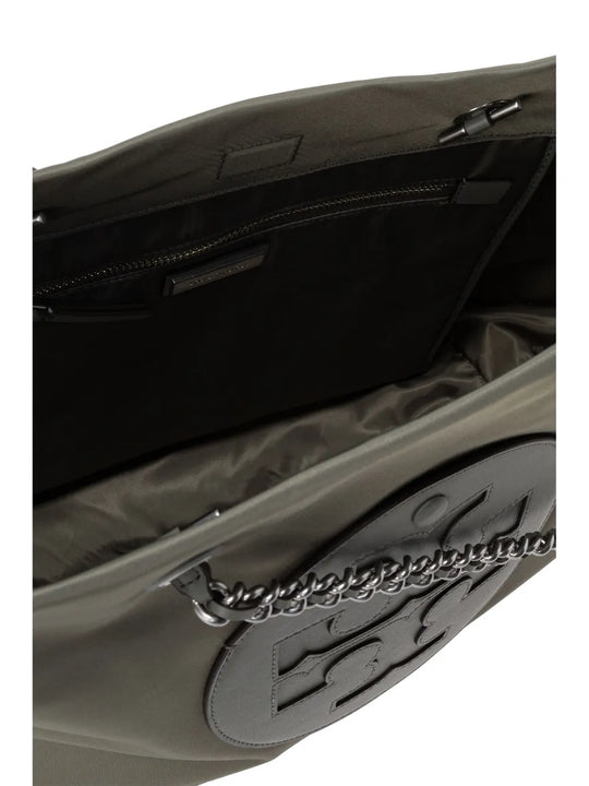 Close up of grey bag, showing texture of the cotton fabric