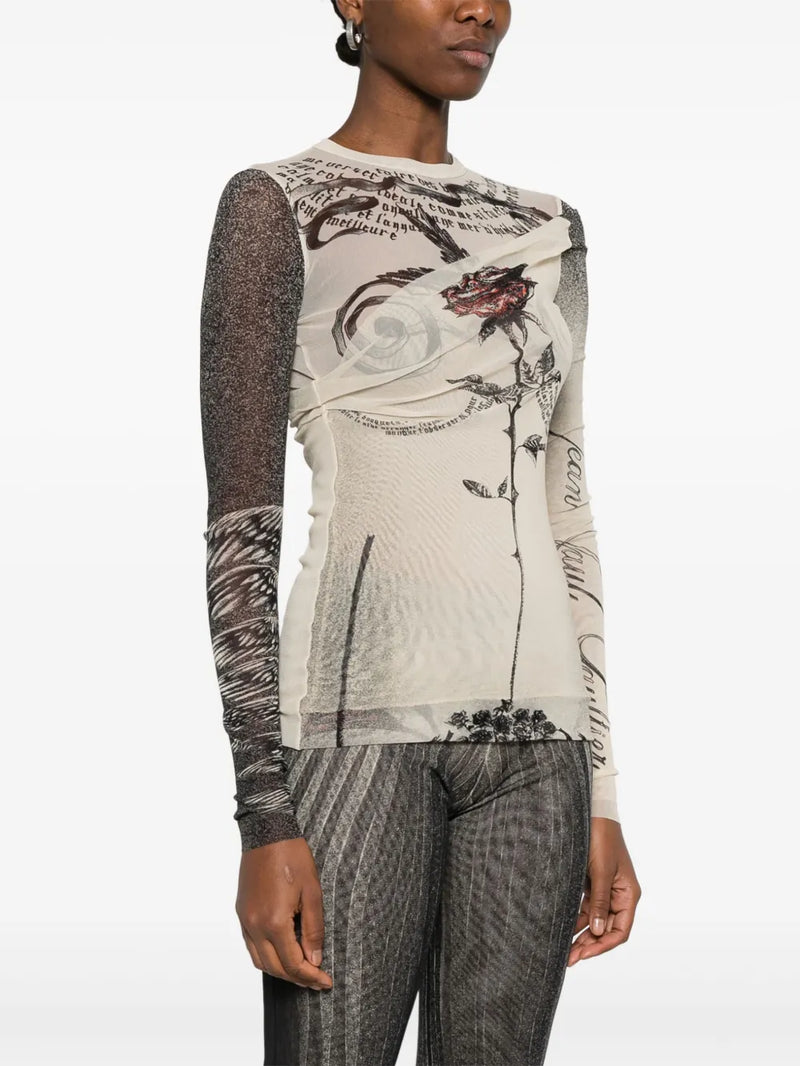 JEAN PAUL GAULTIER - Women Printed "Tattoo Rose & Bird" Double Layer Mesh Top