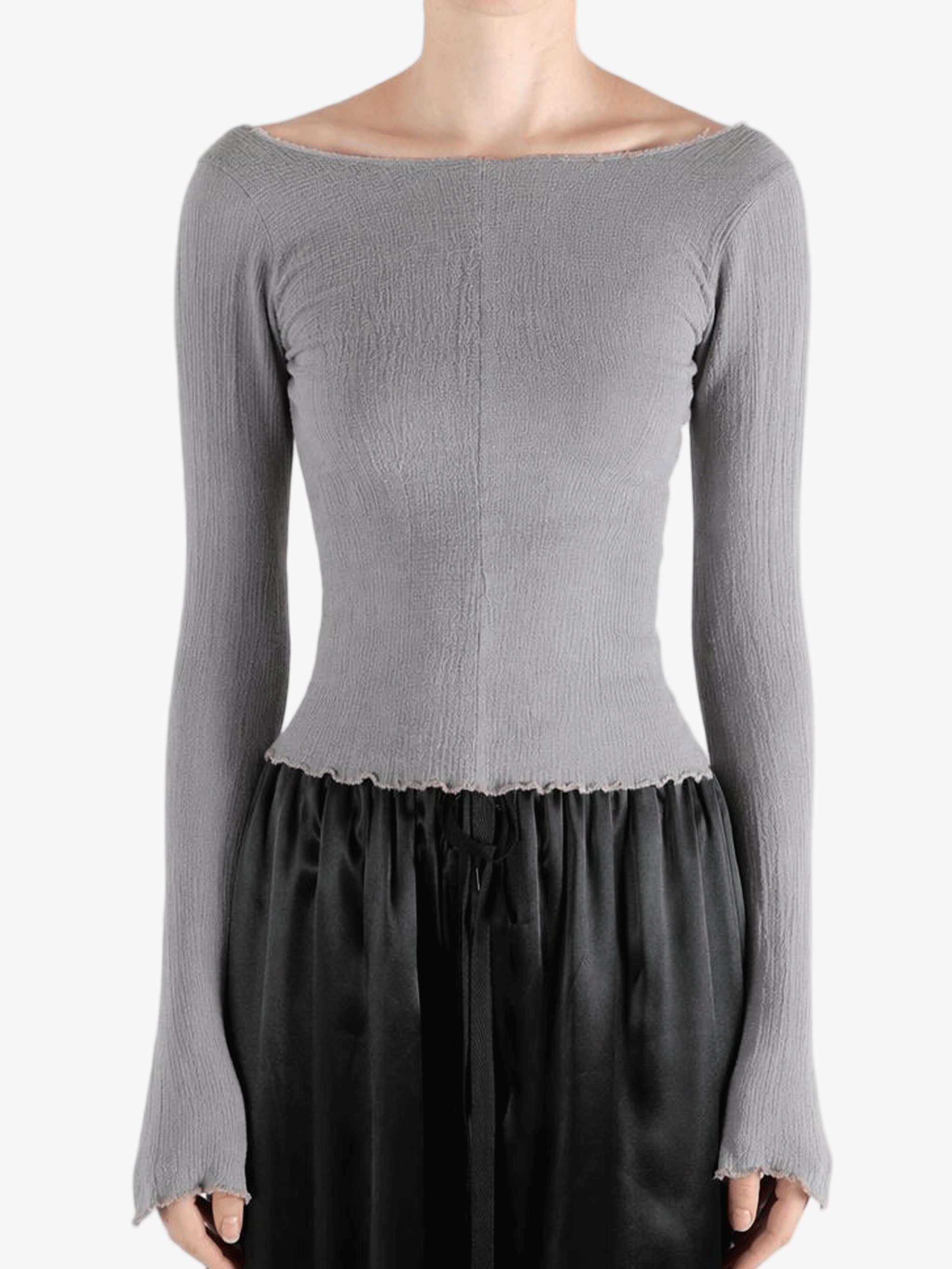 Grey top worn by a person, showing the top fit