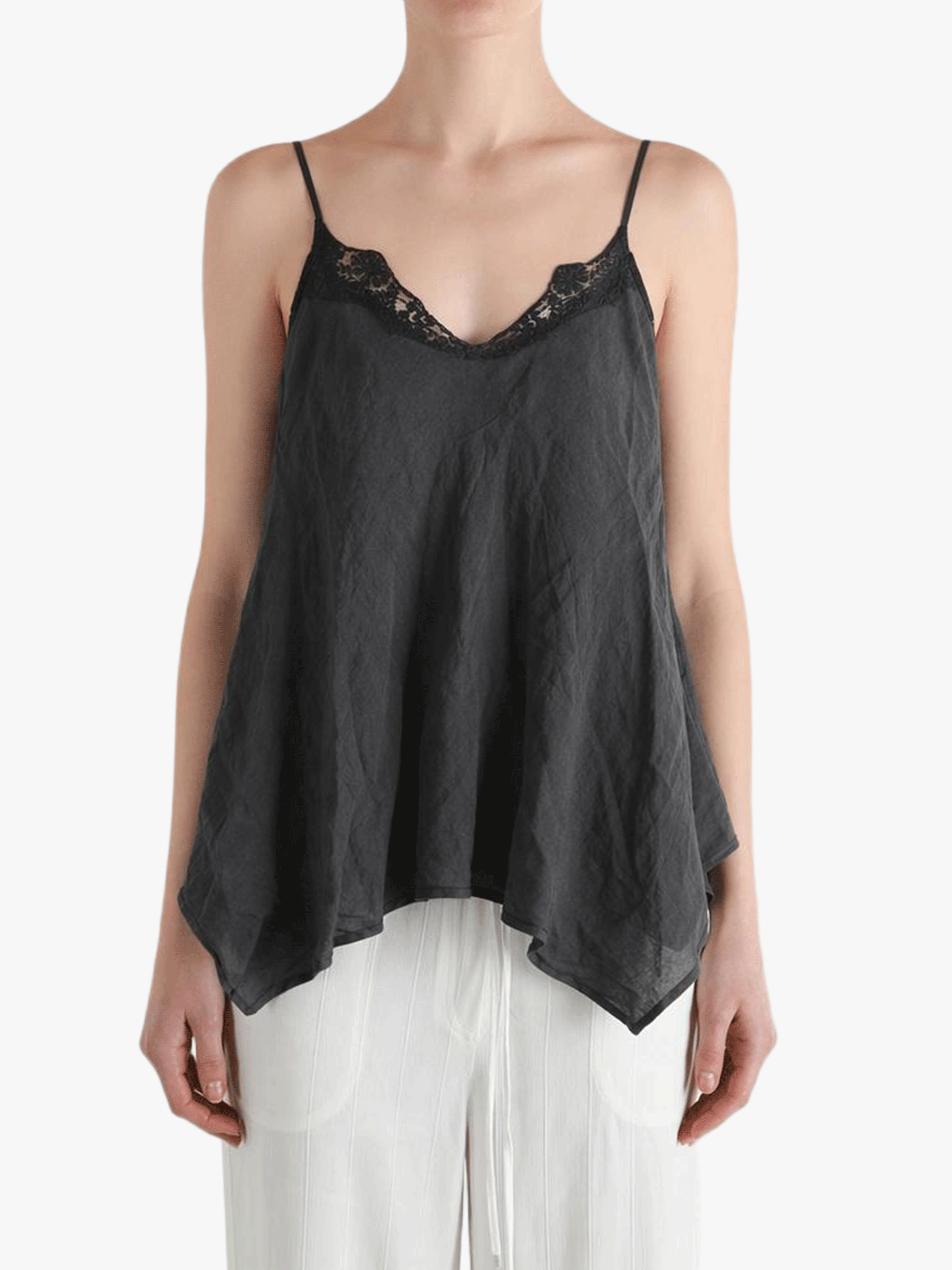 Black top worn by a person, showing the top's fit
