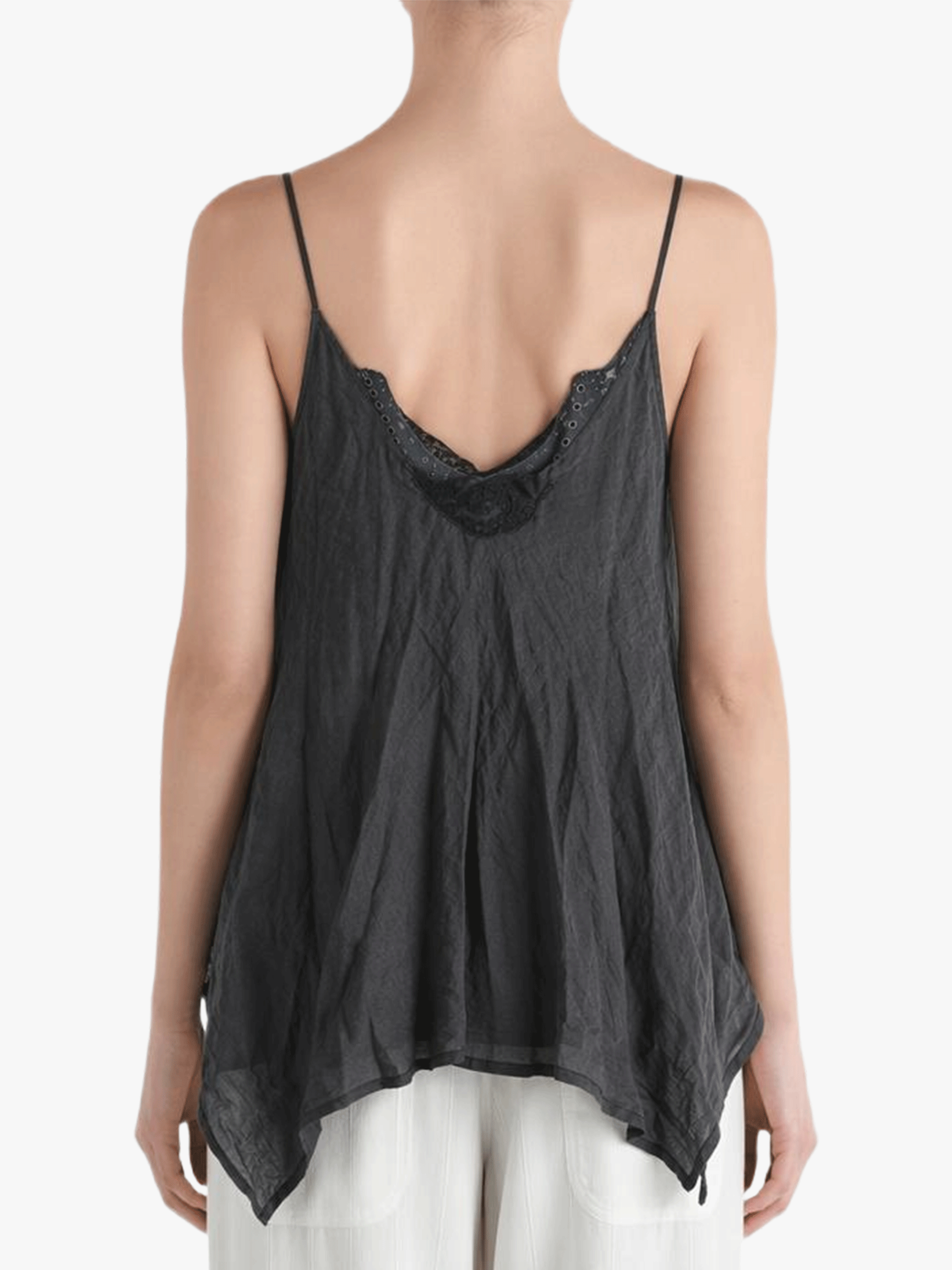Black top worn by a person, showing the top's fit