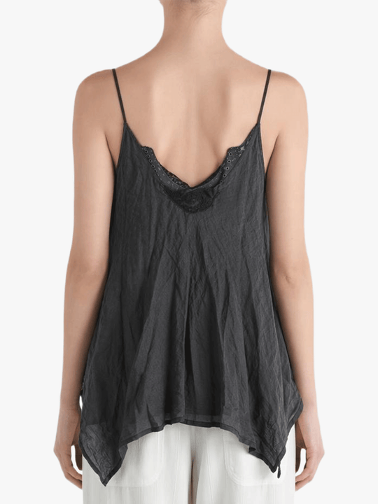 Black top worn by a person, showing the top's fit