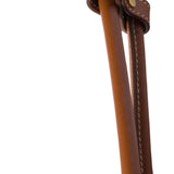 Close up of the tan bag, showing texture of the leather fabric