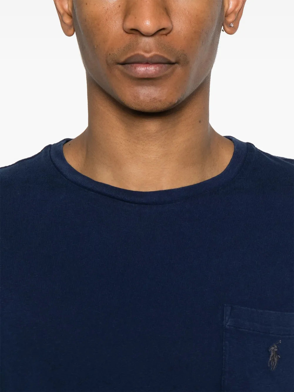 Close up of blue shirt, showing texture of the cotton fabric