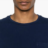 Close up of blue shirt, showing texture of the cotton fabric