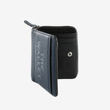 Close up of navy wallet, showing texture of the leather fabric